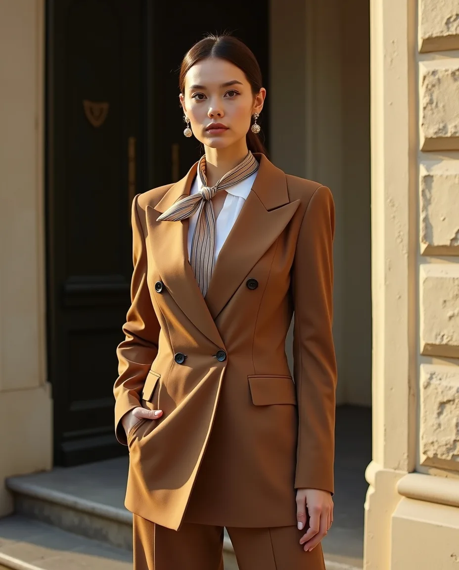 Silhouette féminine : tailleur camel